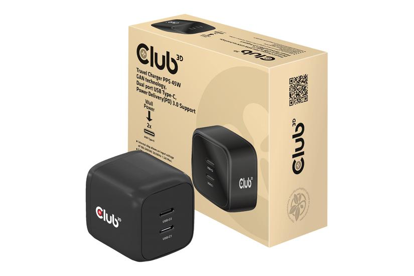 Club 3d Cac-1909 Strømforsyningsadapter Pps Og Gan-teknologi Usb- 45 Watt