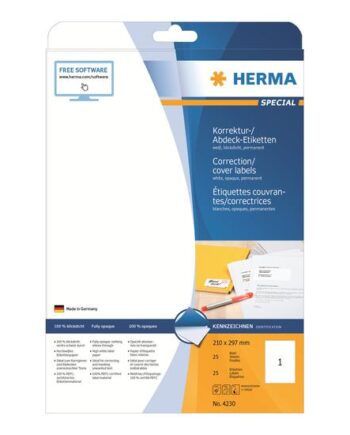 Herma Special Permanent Selvklæbende Matte Uigennemsigtige Korrektions Afdæknings-papirmærkater 25 Etikette    A4
