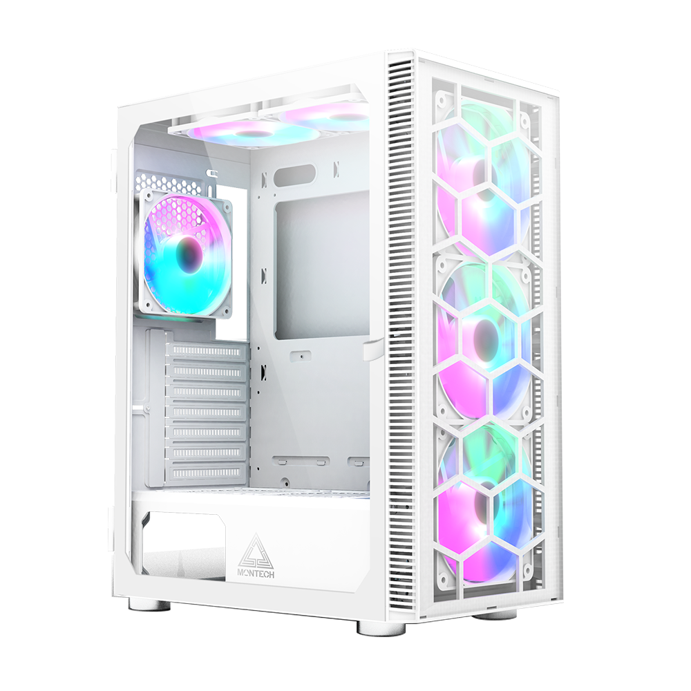 Montech X3 Glass White 3x 140mm Static Rgb Fans   3x 120mm Static Rgb Fans  Side Swivel Tempered Glass