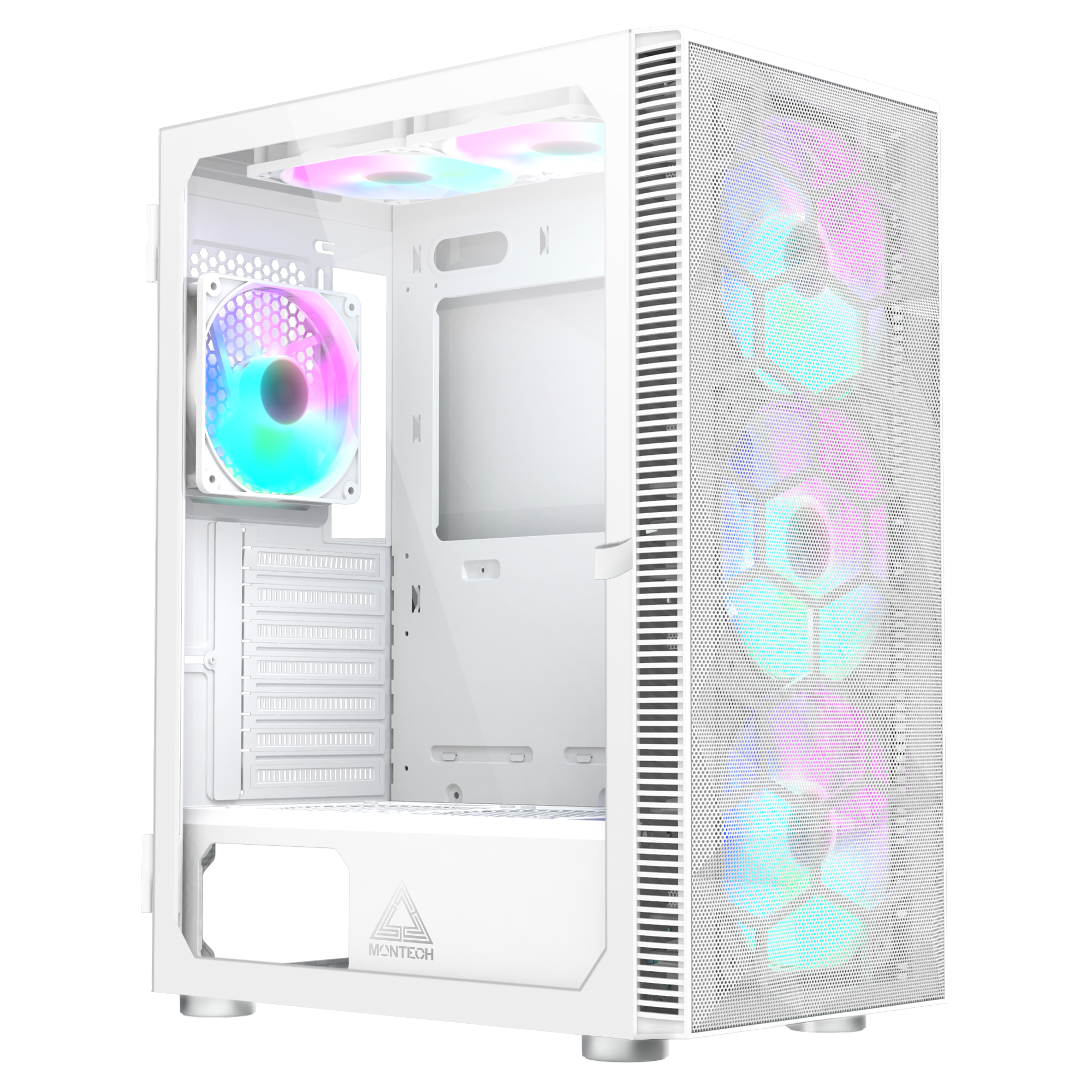 Montech X3 Mesh White 3x 140mm Static Rgb Fans   3x 120mm Static Rgb Fans  Side Swivel Tempered Glass